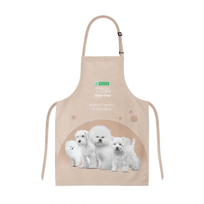 TPL Grooming apron NP SC "White Dogs", with puppies, 23.6" x 27.6", cream