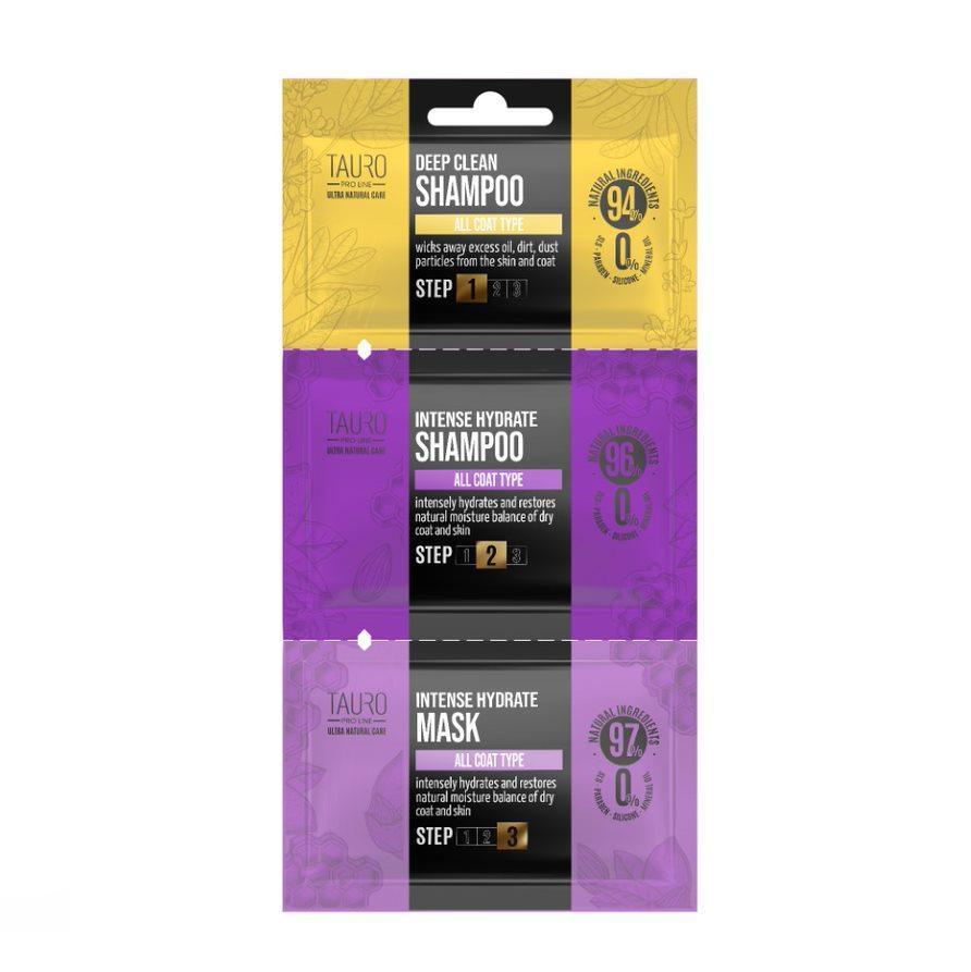 TPL Ultra Natural Care Deep Clean + Intense Hydrate sample set, dog and cat coat and skin shampoo and mask sample set
