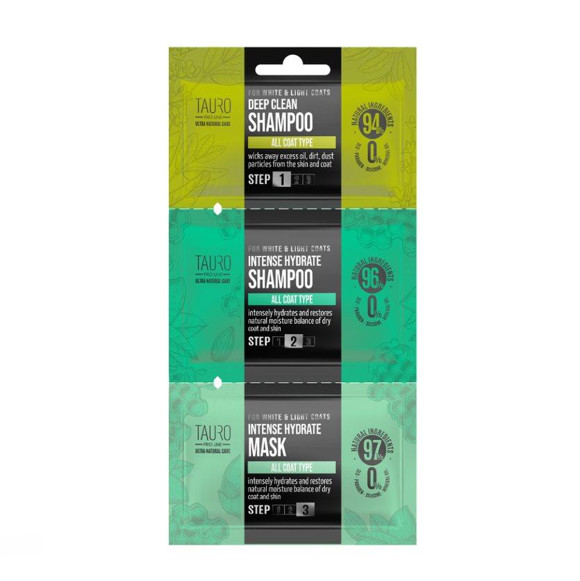 TPL Ultra Natural Care for White and Light Coats Deep Clean + Intense Hydrate sample set, dog and cat skin shampoo and mask sample set