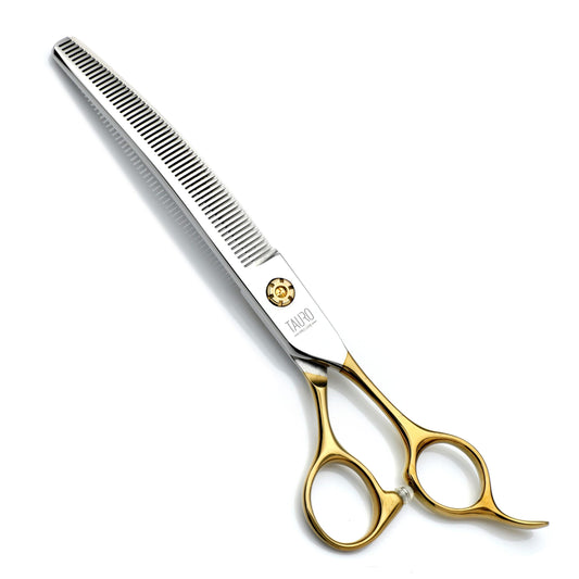 TPL thinning scissors, Janita Plung? line, curved, 18 cm (7"), 56 teeth, stainless steel, golden handles