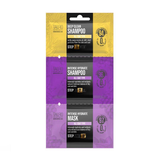 TPL Ultra Natural Care Deep Clean + Intense Hydrate sample set, dog and cat coat and skin shampoo and mask sample set