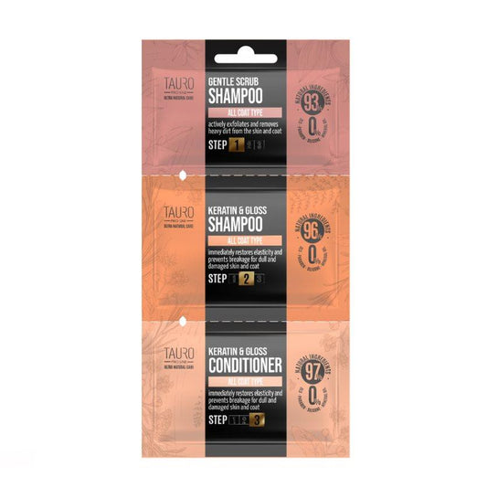 TPL Ultra Natural Care Gentle Scrub + Keratin & Gloss sample set, dog and cat coat and skin shampoo and conditioner sample set