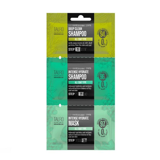 TPL Ultra Natural Care for White and Light Coats Deep Clean + Intense Hydrate sample set, dog and cat skin shampoo and mask sample set